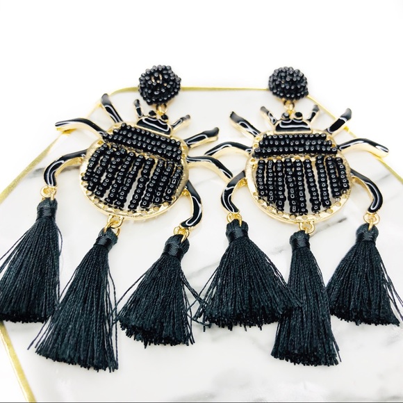BLACK BEETLE STATEMENT BEADED BUG EARRINGS TASSEL - Picture 3 of 6